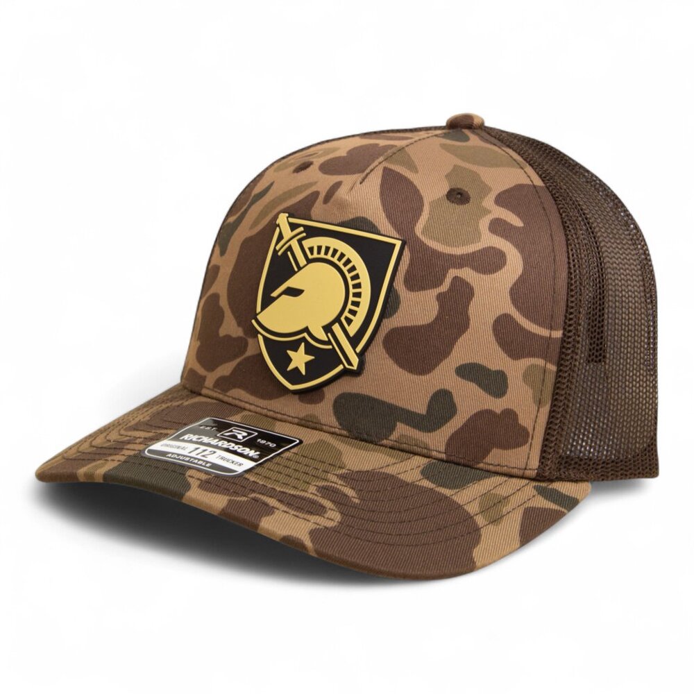 Army Black Knights 3D Snapback Trucker Hat- Bark Duck Camo/ Brown